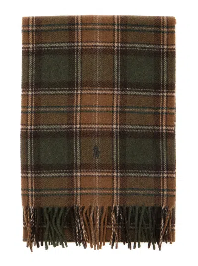 POLO RALPH LAUREN BROWN SCARF WITH PONY EMBROIDERY ON THE FRONT AND ALL-OVER CHECK MOTIF IN WOOL MAN