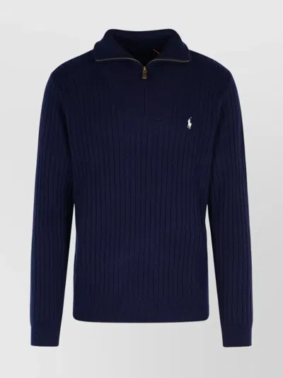 Polo Ralph Lauren Wool Cotton Sweater Ribbed Texture Long Sleeves In Blue