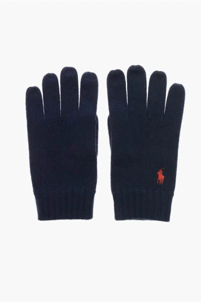 Polo Ralph Lauren Wool Gloves With Embroidered Logo In Blue