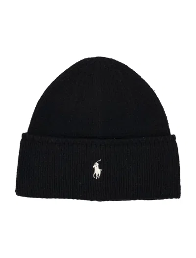 Polo Ralph Lauren Wool Knit Beanie With Embroidered Logo In Black