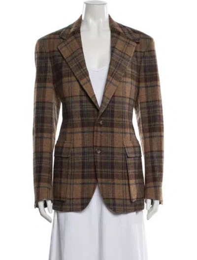 Pre-owned Polo Ralph Lauren Wool Plaid Print Coat In Brown