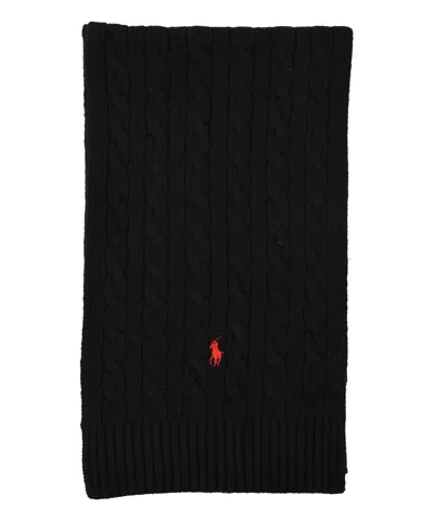 Polo Ralph Lauren Cable Knit Scarf Ribbed Edges In Black
