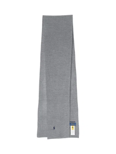 Polo Ralph Lauren Embroidered-logo Ribbed-knit Scarf In Grey