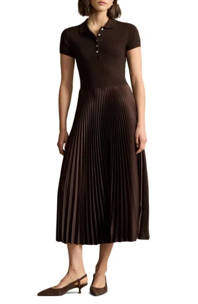 Polo Ralph Lauren Pleated Recycled Satin And Wool-blend Midi Dress In Brown