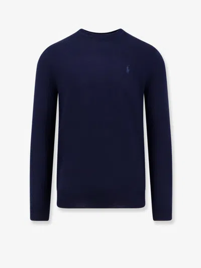 Polo Ralph Lauren Merino Wool Crew Neck Sweater With Embroidered Logo And Ribbed Detailing In Blue