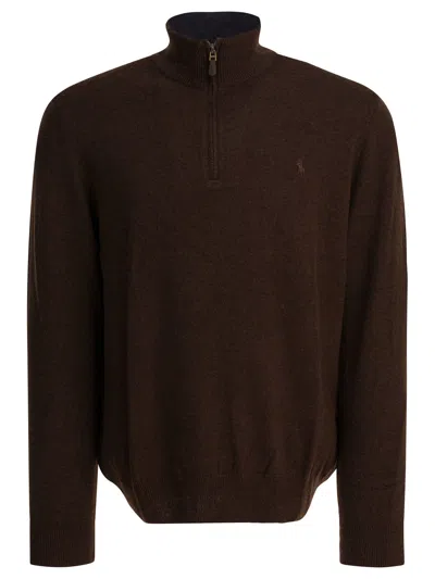 Polo Ralph Lauren Wool Sweater With Zipper Knitwear Brown In Burgundy