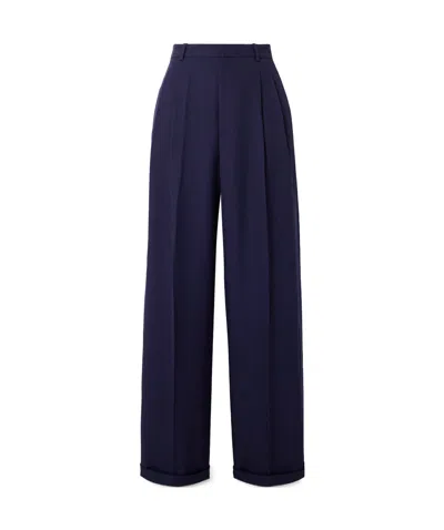Polo Ralph Lauren Pleated Silk Satin-trimmed Wool Wide-leg Pants In Blue