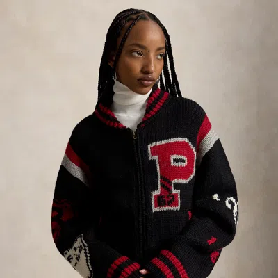 Polo Ralph Lauren Wool-blend Letter Zip Cardigan In Black Multi