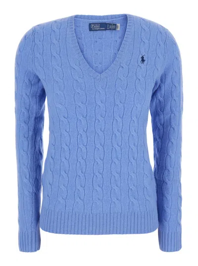 Polo Ralph Lauren Wool-cashmere Cable V-neck Sweater For Women In Light Blue