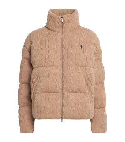 Polo Ralph Lauren Wool-cashmere Cable-knit Bomber Jacket In Nude