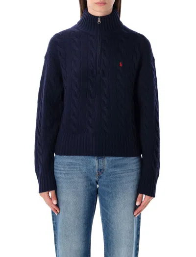 Polo Ralph Lauren Wool-cashmere Half-zip Cable-knit Sweater With Embroidered Pony In Blue