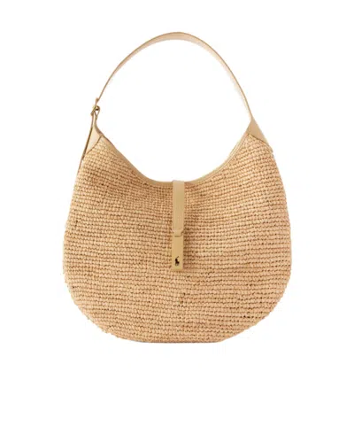 Polo Ralph Lauren Polo Id Medium Leather-trimmed Raffia Shoulder Bag In Nude