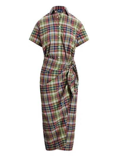 Polo Ralph Lauren Wrap-around Plaid Midi Shirt Dress In Animal Print