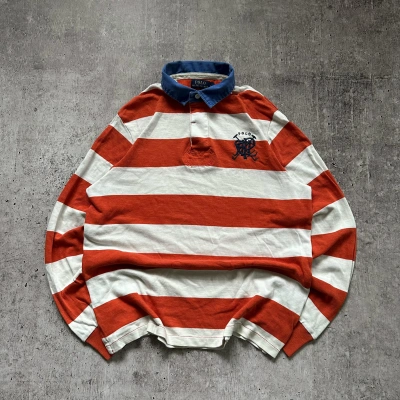 Pre-owned Polo Ralph Lauren X Ralph Lauren Polo Ralph Laurent Striped Rugby Polo Long Sleeve Shirt In Red/white