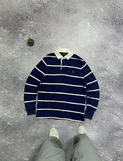 Pre-owned Polo Ralph Lauren X Ralph Lauren Vintage Polo Ralph Laurent Rugby Striped Navy Pony White Neck In Blue