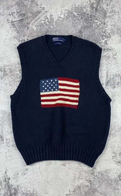 Pre-owned Polo Ralph Lauren X Vintage 1990s Knitwear Usa Flag Polo Ralph Laurent Vest In Blue