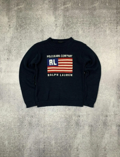 Pre-owned Polo Ralph Lauren X Vintage 90's Polo Ralph Laurent Usa Flag Cotto Knit Sweater In Blue
