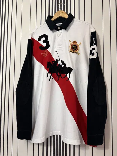Pre-owned Polo Ralph Lauren X Vintage 90's Ralph Laurent Vintage Contrast Horse Riders Rugby Shirt In White/black/red