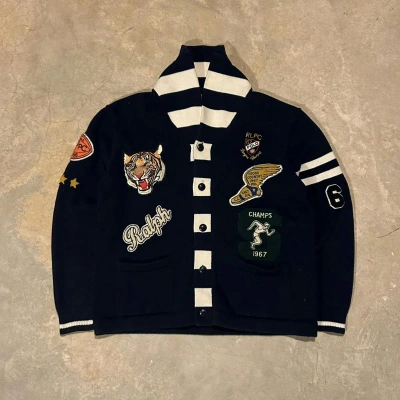 Pre-owned Polo Ralph Lauren X Vintage Grail Polo Ralph Laurent Varsity Patch Knit Cardigan In Navy