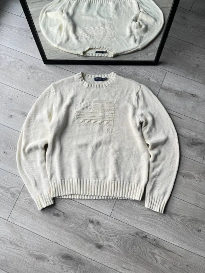 Pre-owned Polo Ralph Lauren X Vintage Polo Ralph Laurent Flag Big Knit White Sweater Y2k Xl