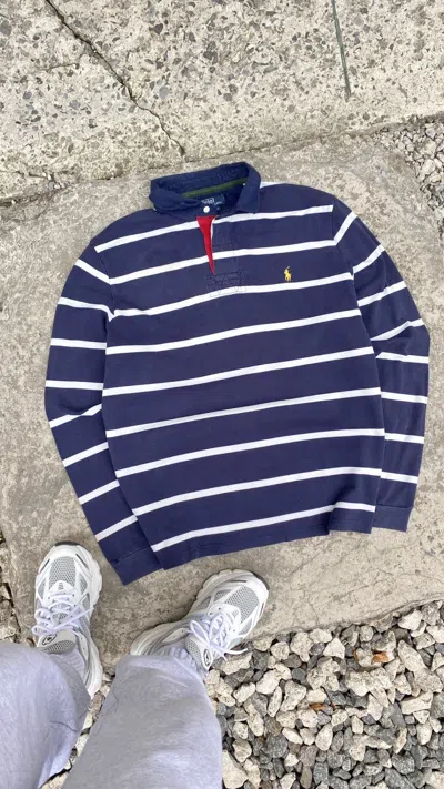 Pre-owned Polo Ralph Lauren X Vintage Polo Ralph Laurent Rugby Striped Long Sleeve Polos In Blue/white