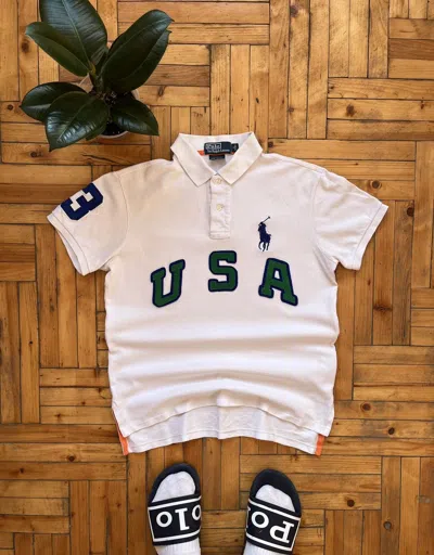 Pre-owned Polo Ralph Lauren X Vintage Polo Ralph Laurent Usa Big Logo Polo T-shirt In White