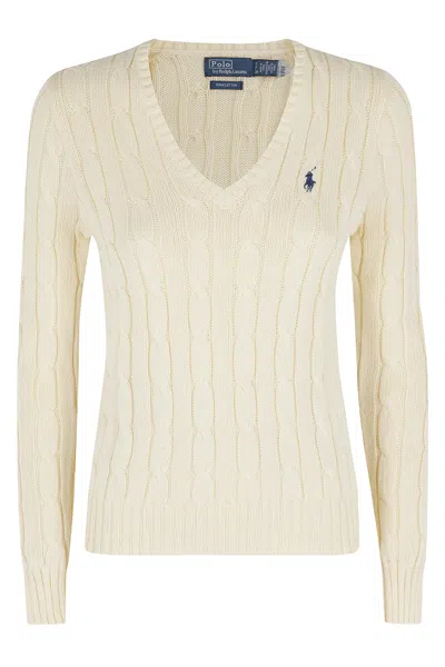 Polo Ralph Lauren Yellow Long Sleeve Ribbed V-neck Cotton Sweater In White