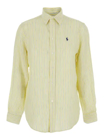Polo Ralph Lauren Yellow Shirt With Horse Embroidery On The Front And All-over Stripe Motif In Linen Woman
