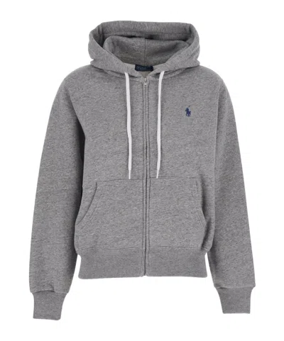 Polo Ralph Lauren Zip-up Drawstring Hoodie In Gray