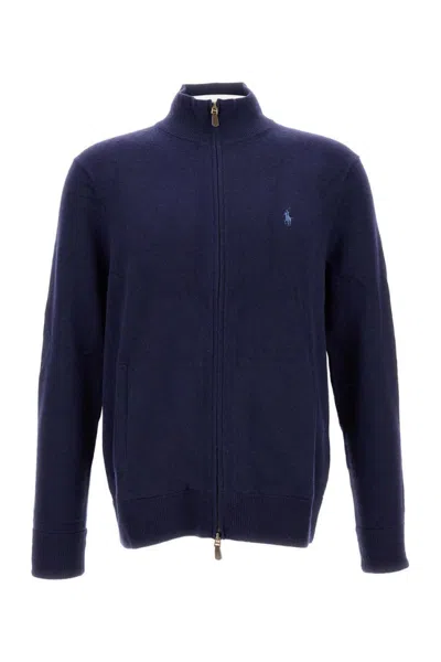 Polo Ralph Lauren Blue Cardigan With High Neck And Pony Embroidery On The Front In Wool Man