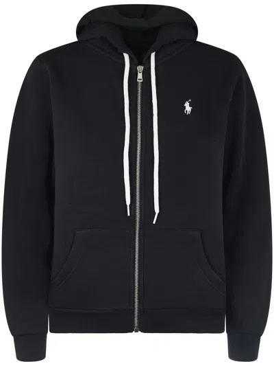 Polo Ralph Lauren Front-zippered Hooded Sweatshirt With Embroidered Logo In Black