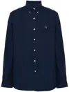 Polo Ralph Lauren Navy Blue Stretch-cotton Button-down Shirt With Signature Motif In Blue