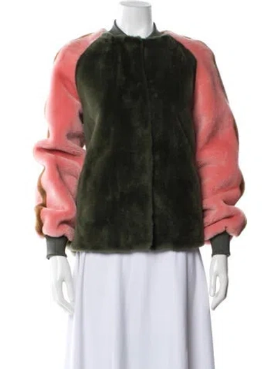 Pre-owned Pologeorgis Lamb Leather Colorblock Pattern Faux Fur Jacket In Green