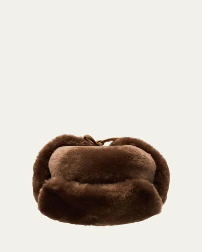 Pologeorgis Men's Shearling Trapper Hat With Leather Chin Strap In Brown