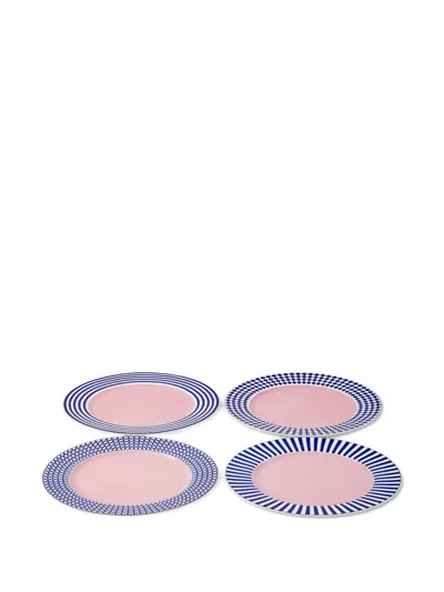Polspotten Aunty Striped Patterned Dinner Plates (set Of Four) In Pink