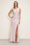 Poly Usa 9438 Long Beaded Sequin Formal Fitted Prom Dress In Pink