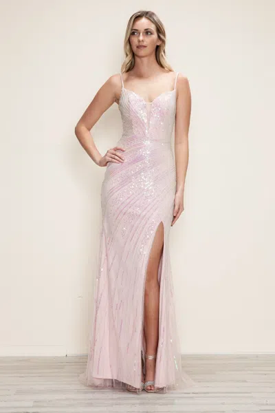 Poly Usa 9438 Long Beaded Sequin Formal Fitted Prom Dress In Pink