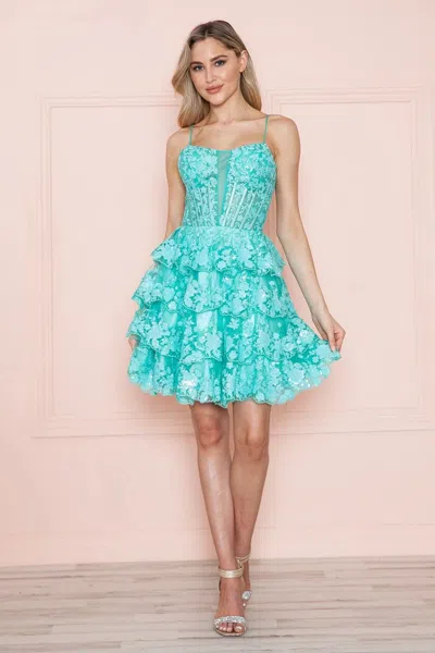 Poly Usa 9468 Homecoming Short Applique A Line Tiered Cocktail Dress In Green