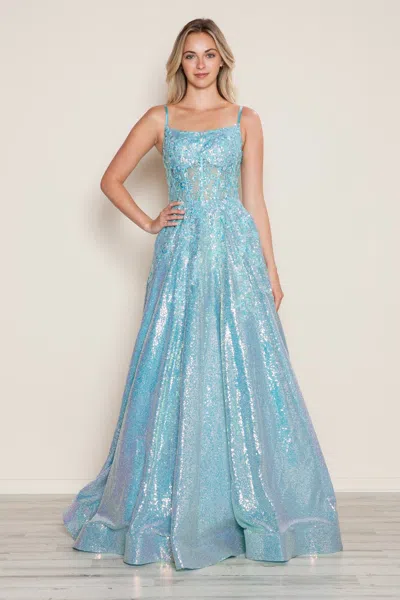 Poly Usa 9554 Long Sequin Formal Beaded Corset Prom Dress In Blue