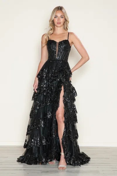 Poly Usa 9606 A Line Long Formal Tiered Slit Prom Dress In Black