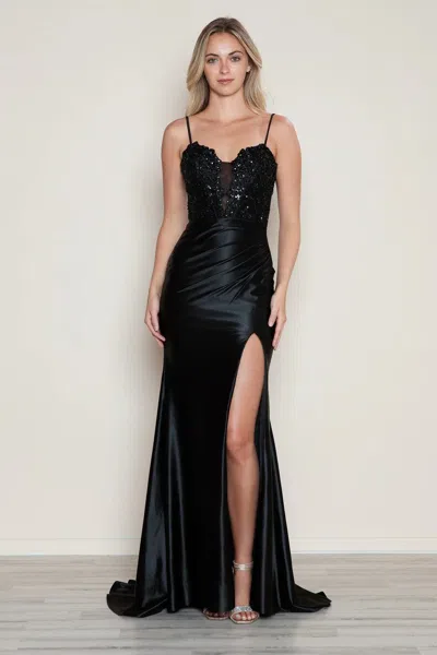 Poly Usa 9616 Long Fitted Formal Slit Prom Dress In Black