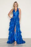 Poly Usa 9618 Long A Line Slit Tiered Layered Formal Prom Dress In Blue