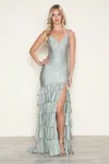Poly Usa 9620 Fitted Long Formal Tiered Slit Prom Beaded Dress In Silver