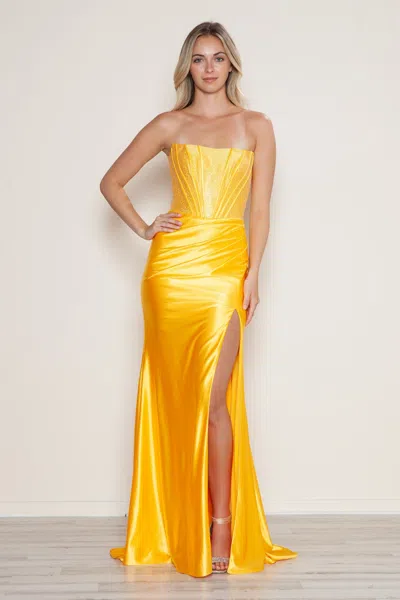 Poly Usa 9656 Long Fitted Slit Formal Beaded Prom Dress In Yellow