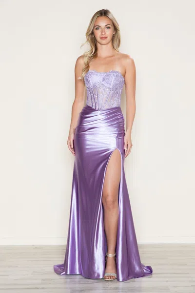Poly Usa 9688 Fitted Long Slit Lace Formal Prom Dress In Purple