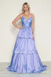 Poly Usa 9694 A Line Long Formal Tiered Prom Dress In Purple