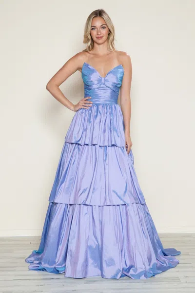 Poly Usa 9694 A Line Long Formal Tiered Prom Dress In Purple