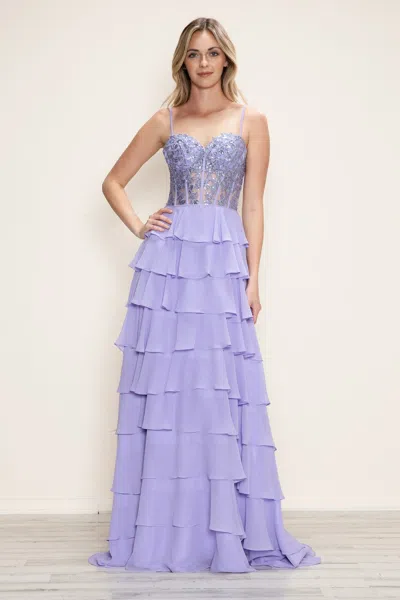 Poly Usa 9698 Long Formal A Line Tiered Applique Prom Dress In Purple