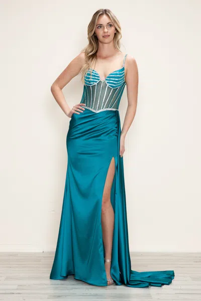 Poly Usa 9746 Long Prom Beaded Slit Formal Fitted Dress In Blue
