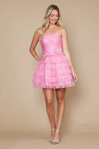 Poly Usa 9912 Mini Homecoming Glitter Ruffle Cocktail Dress In Pink